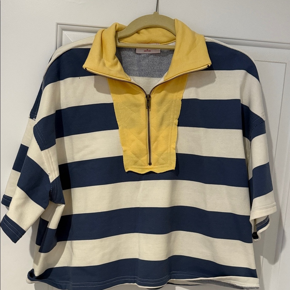 Striped Navy and Yellow Quarter-Zip Women's Top